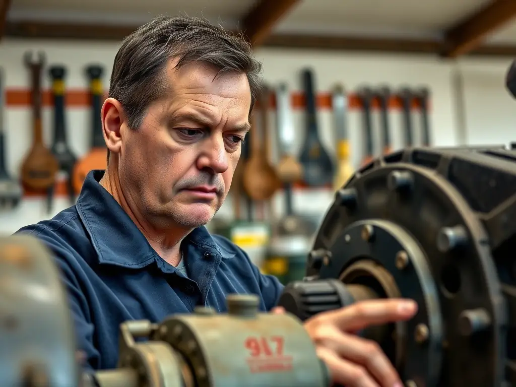 A close-up shot of Ray Langenberg, the leader of RayMechanicals.com, inspecting a heavy equipment engine with a focused expression, showcasing his personal involvement and expertise.