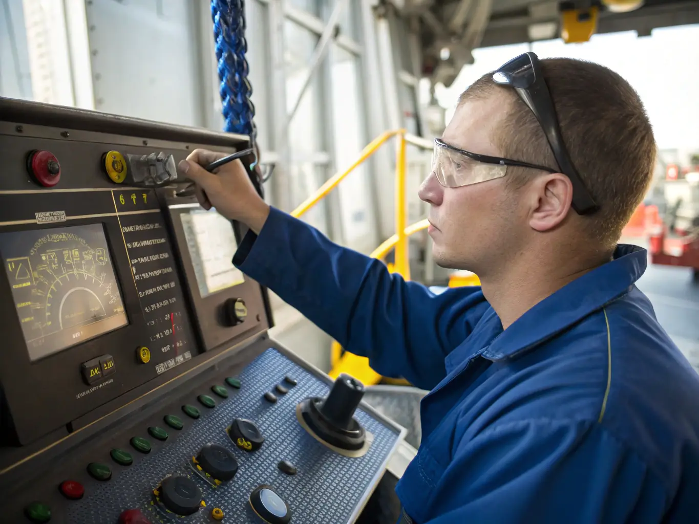 A mechanic using advanced diagnostic tools to analyze the engine of a crane, with a focus on the digital display showing real-time data.