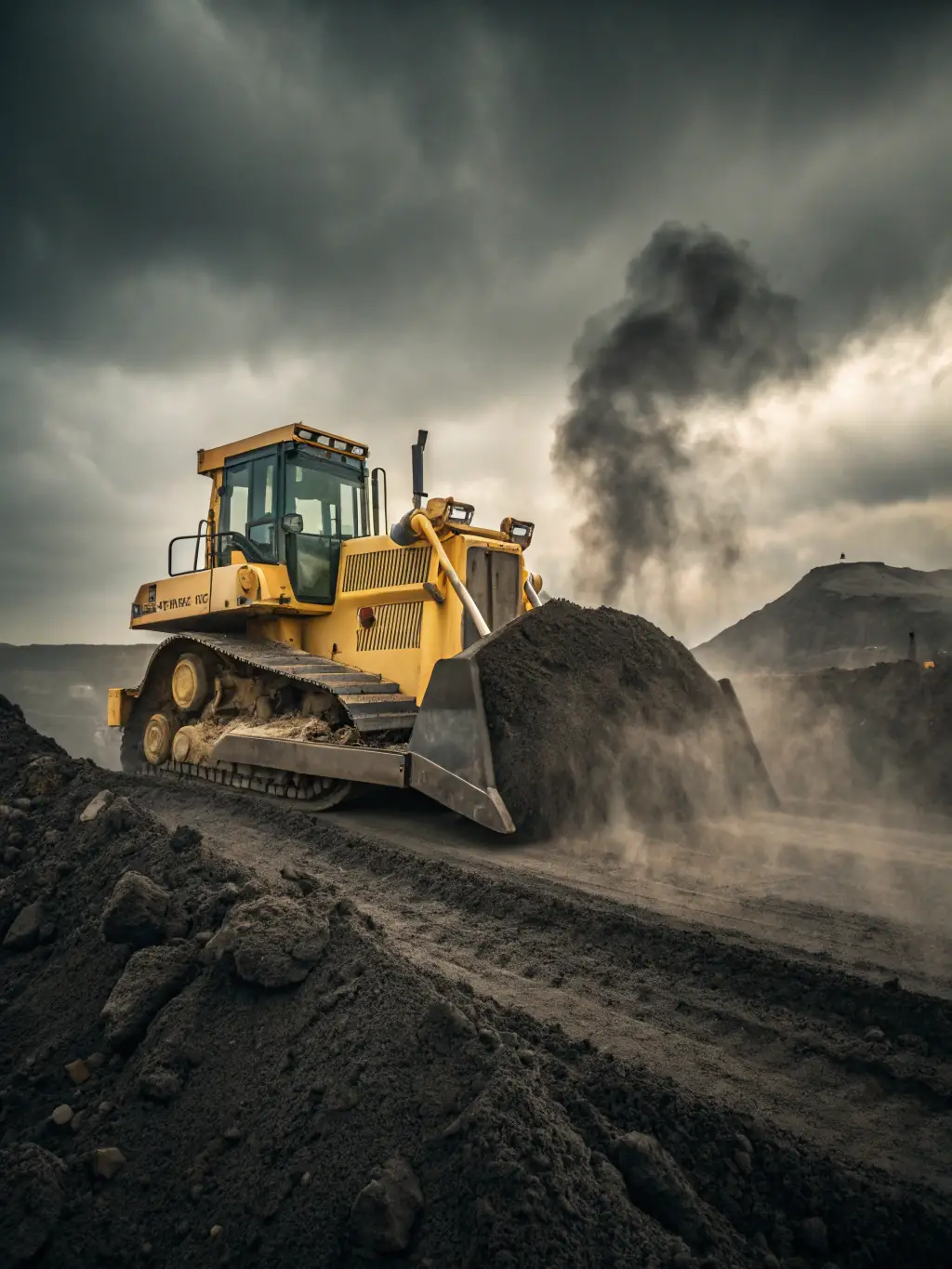 A detailed image of a large earthmover at work, moving soil and leveling terrain, emphasizing its power and efficiency.