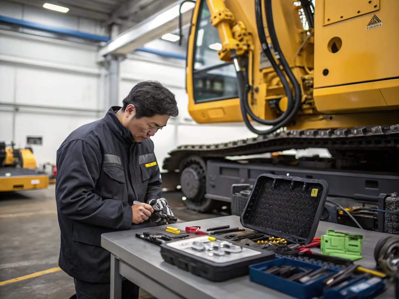 A technician performing routine maintenance on a large earthmover, with various tools and diagnostic equipment visible. The setting is a well-organized maintenance yard.