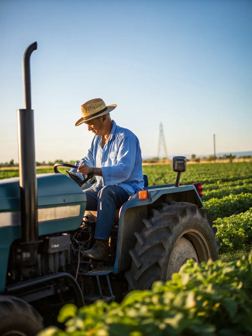 A vibrant image of various farming vehicles in a field, including tractors and harvesters, showcasing their importance in agricultural operations.