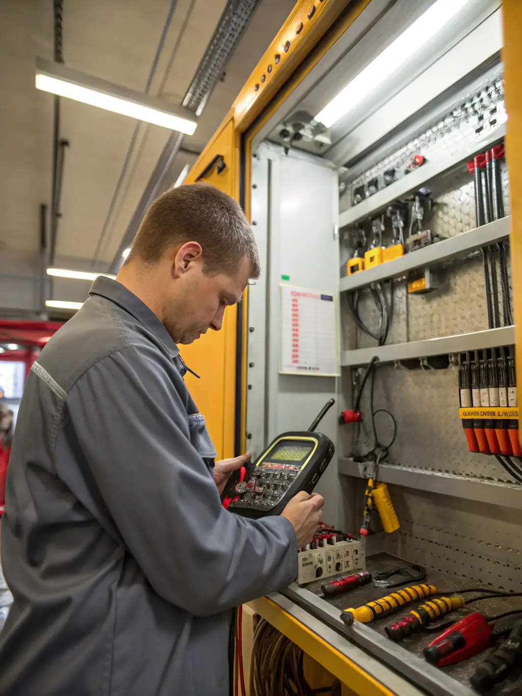 A skilled engineer using diagnostic tools on a crane engine, showcasing the advanced maintenance service.