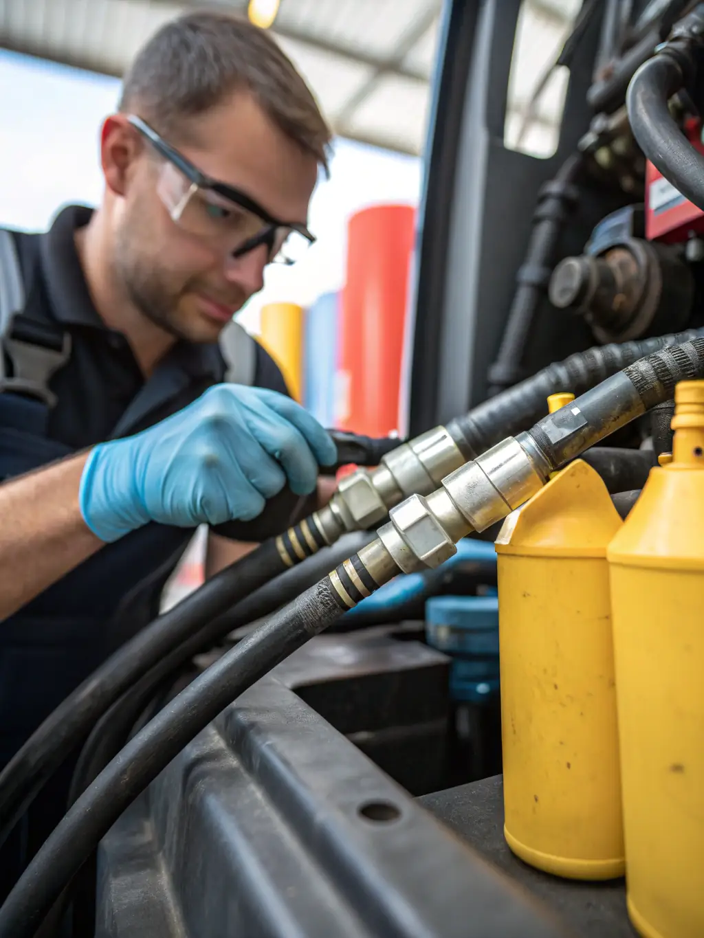 A technician inspecting the hydraulic system of an earthmover, highlighting the intermediate maintenance service.