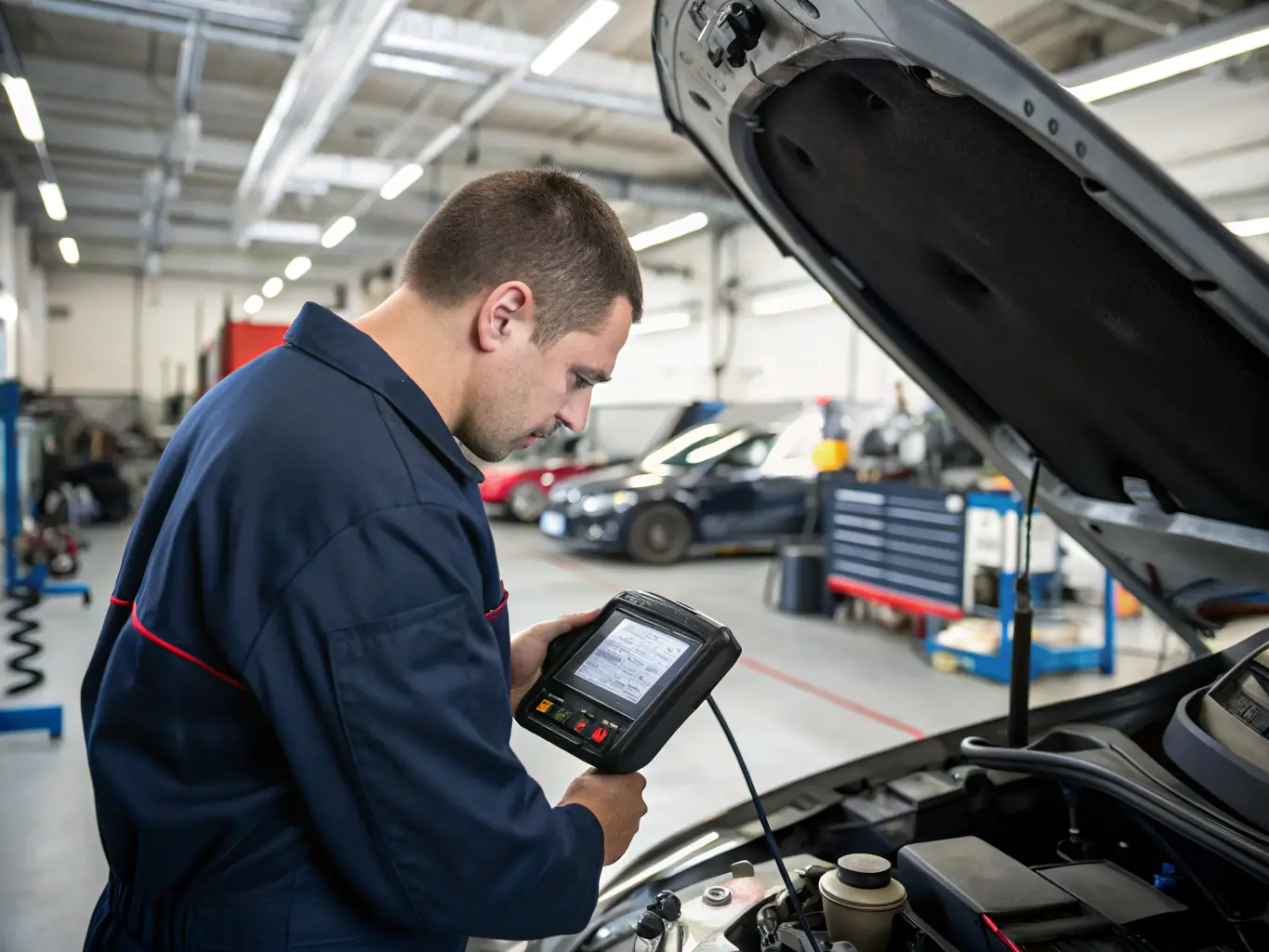 An image of a mechanic using advanced diagnostic tools on a piece of heavy machinery, highlighting the professional expertise and cutting-edge technology used by RayMechanicals.com.