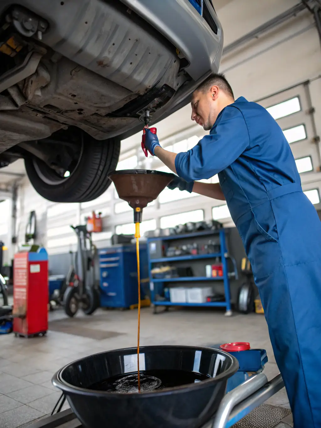 A mechanic performing a routine oil change on a large excavator, emphasizing the basic maintenance service.